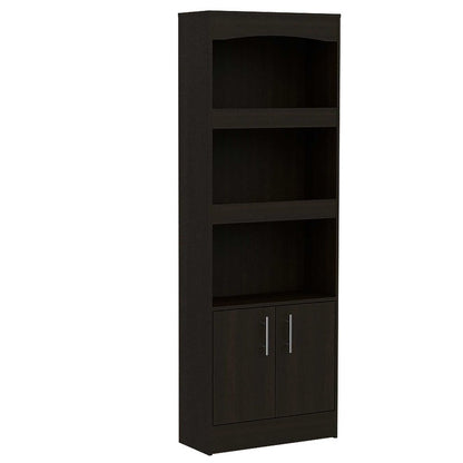 71" Light Gray Wood Three Tier Bookcase with Two Doors HomeRoots