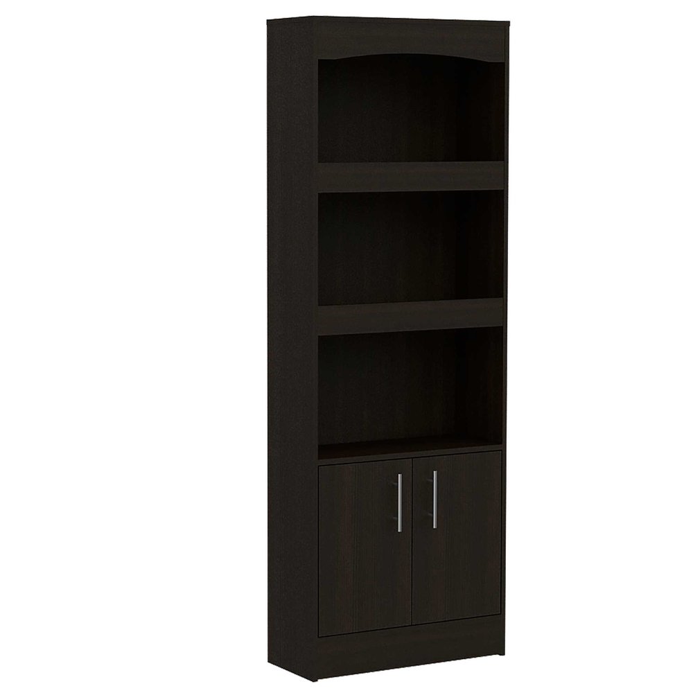 71" Light Gray Wood Three Tier Bookcase with Two Doors HomeRoots