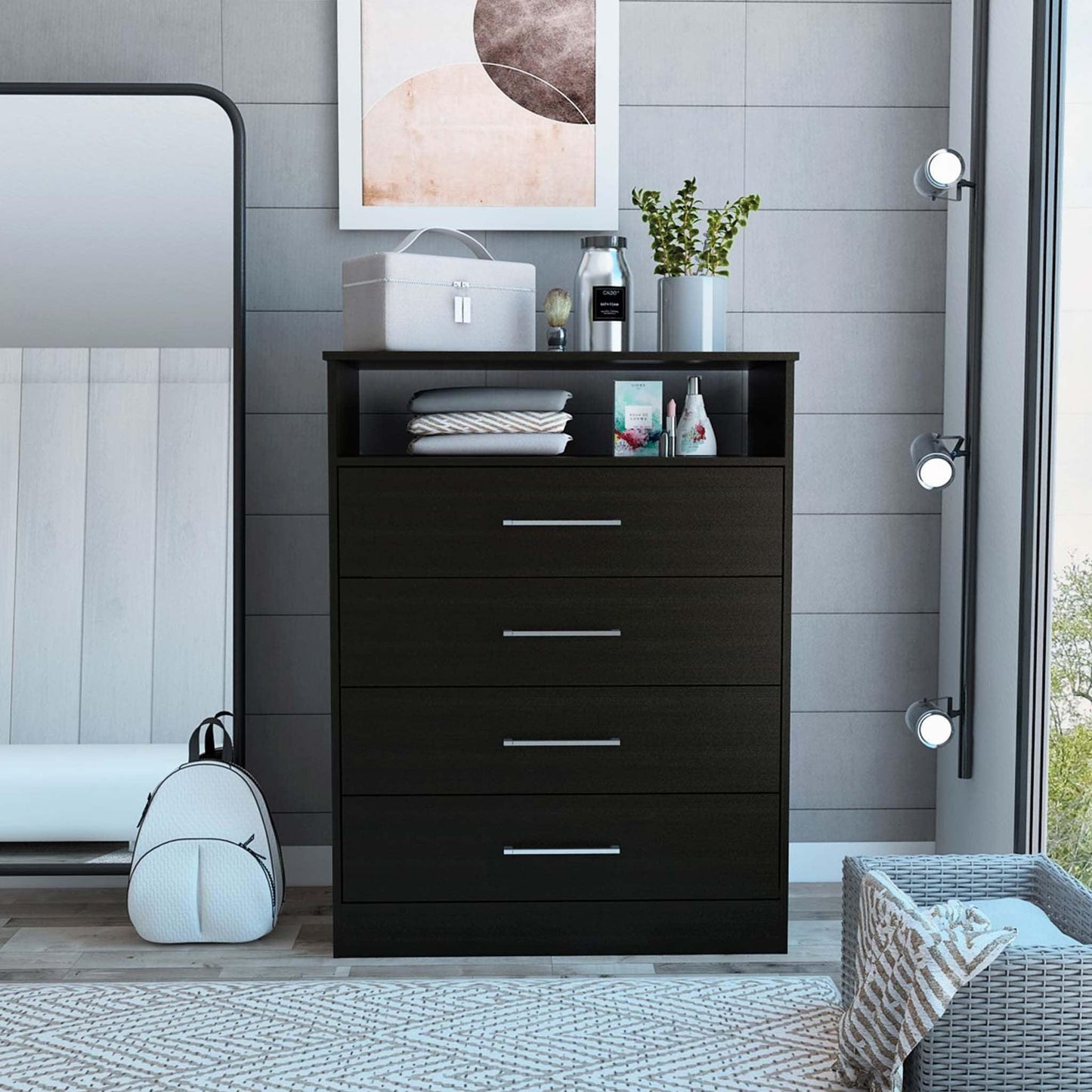 Modern Black Four Drawer Dresser with Hutch - FurniFindUSA