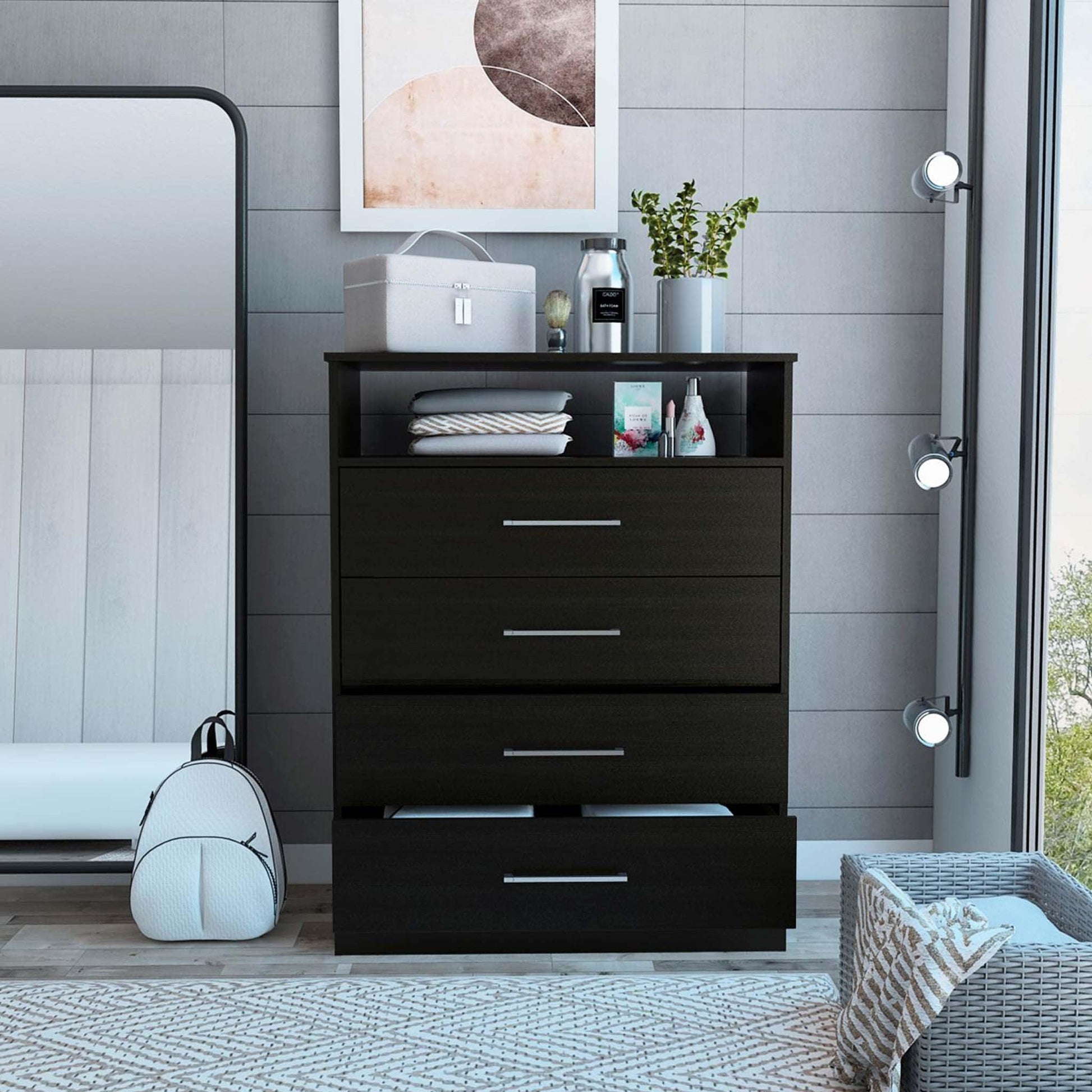 Modern Black Four Drawer Dresser with Hutch - FurniFindUSA