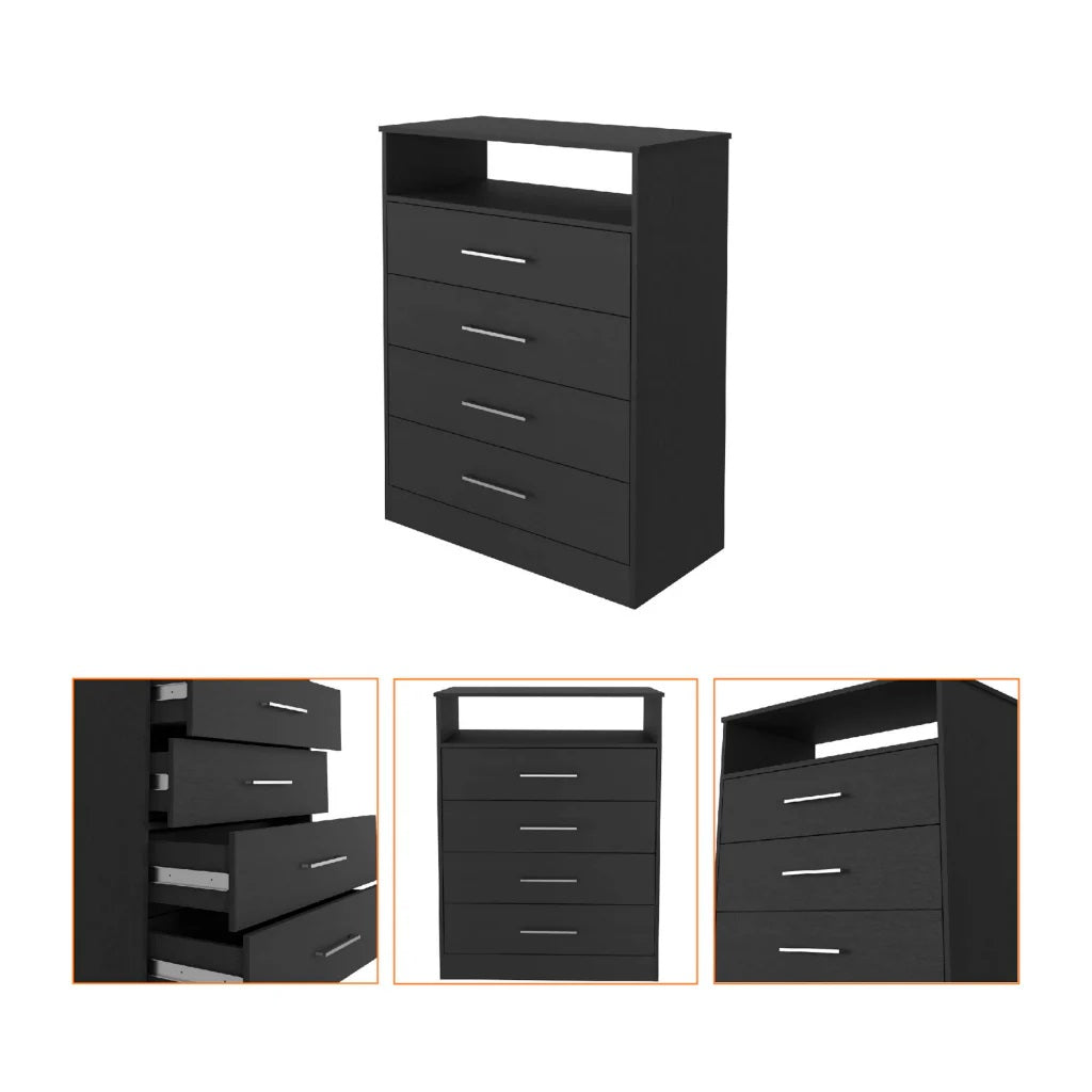 Modern Black Four Drawer Dresser with Hutch