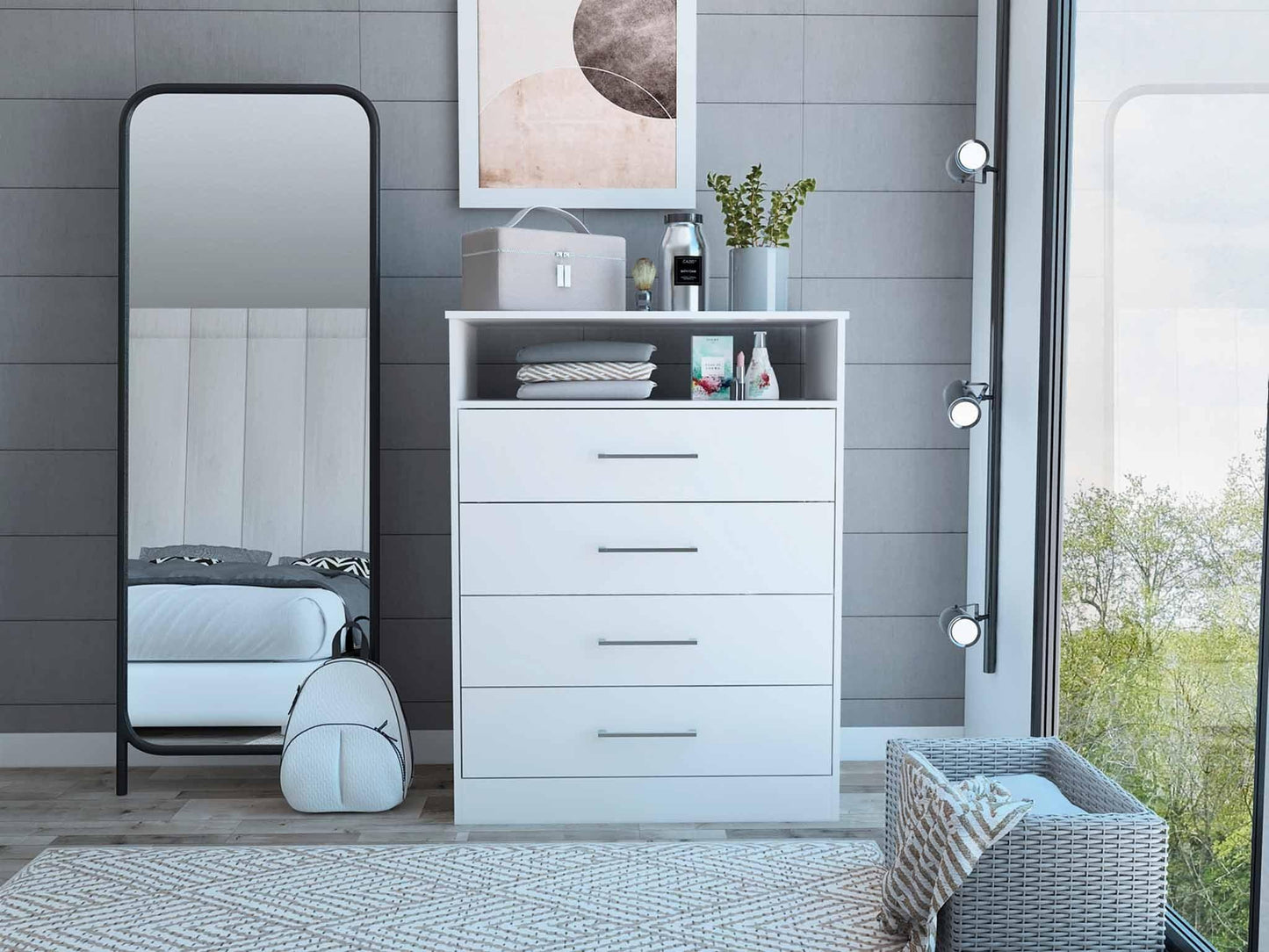 Modern White Four Drawer Dresser with Hutch - FurniFindUSA