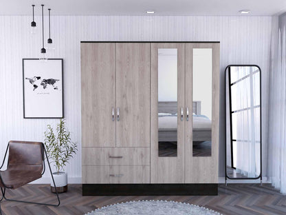 Light Oak and Black Four Door Wardrobe Closet with Mirrors - FurniFindUSA