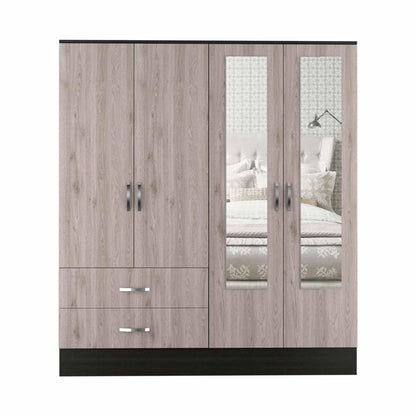 Light Oak and Black Four Door Wardrobe Closet with Mirrors - FurniFindUSA