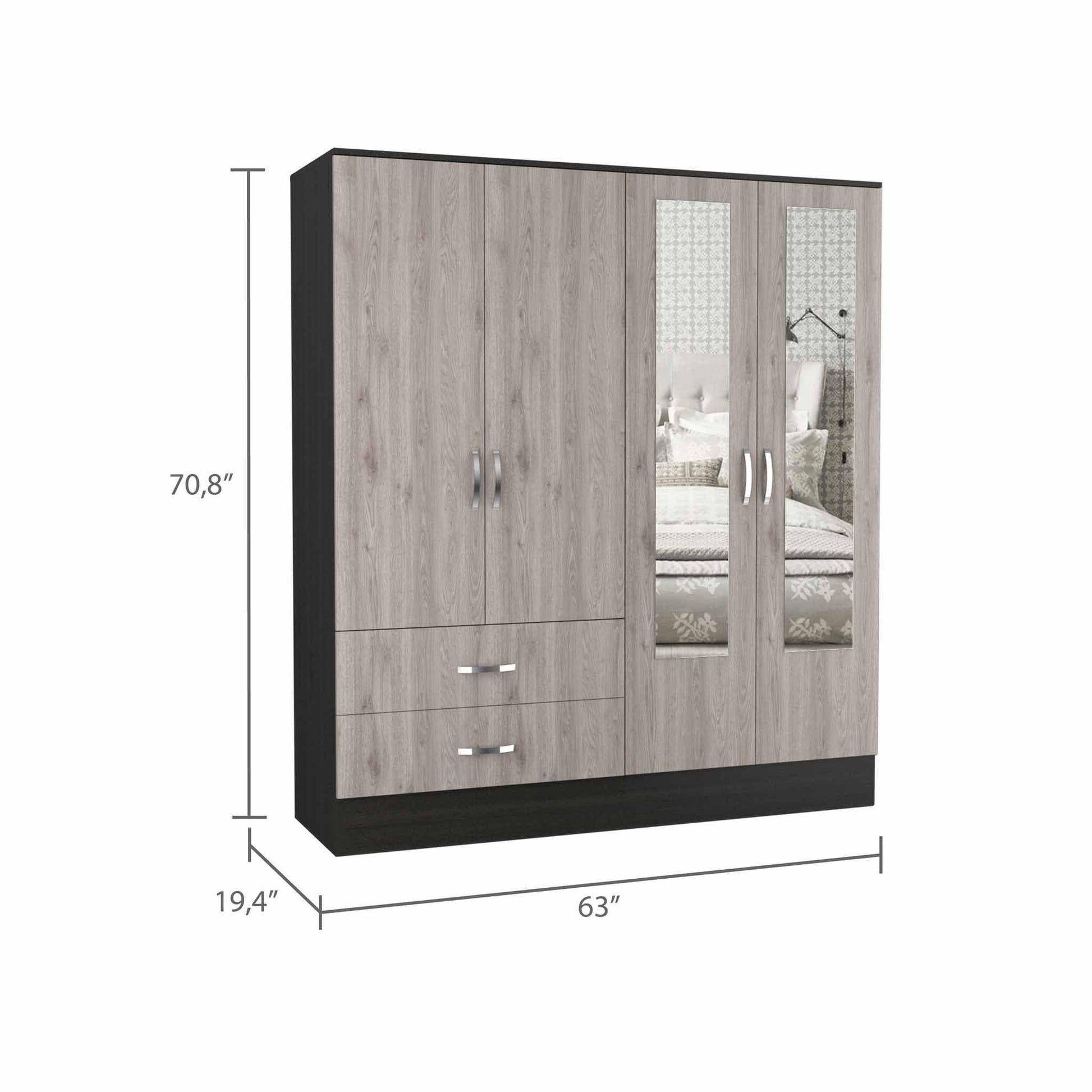 Light Oak and Black Four Door Wardrobe Closet with Mirrors - FurniFindUSA