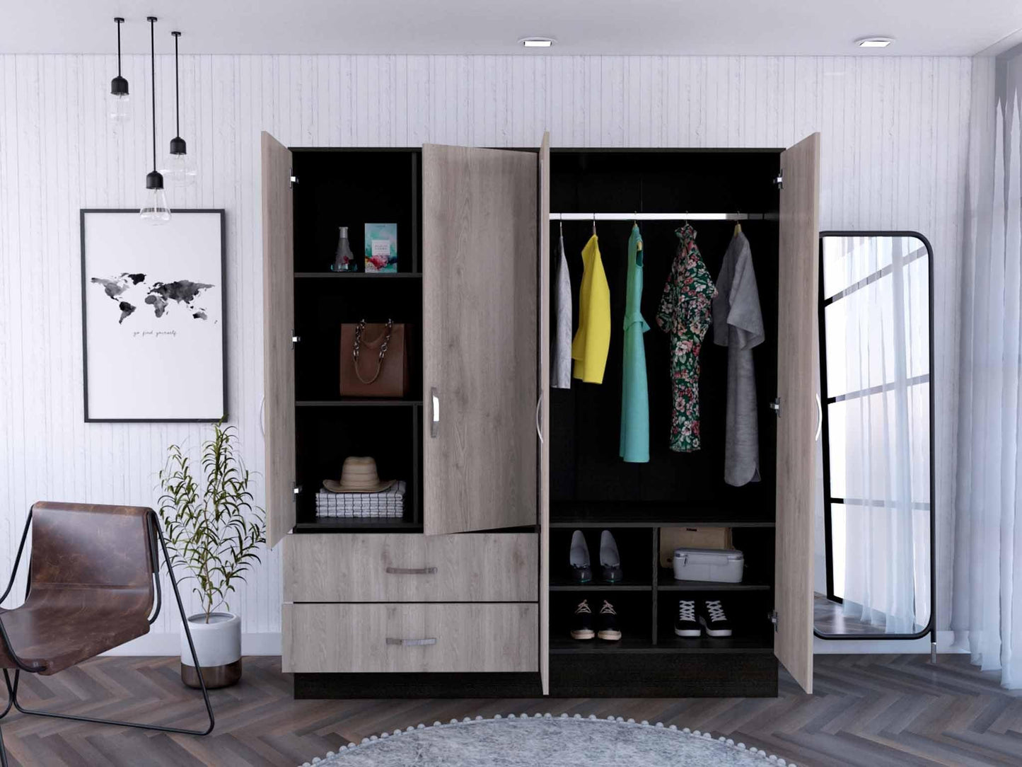 Light Oak and Black Four Door Wardrobe Closet with Mirrors - FurniFindUSA