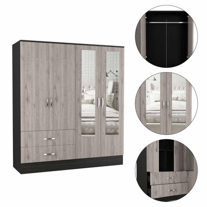 Light Oak and Black Four Door Wardrobe Closet with Mirrors - FurniFindUSA