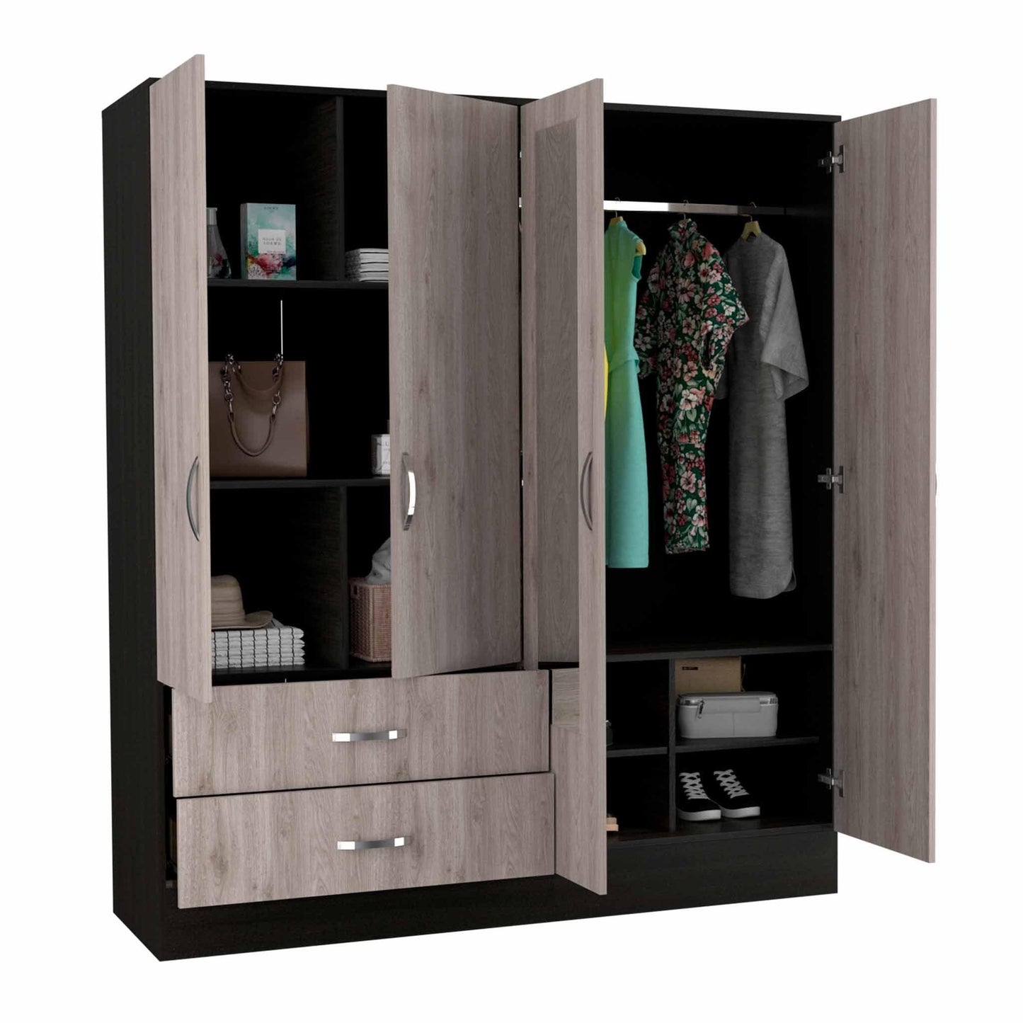 Light Oak and Black Four Door Wardrobe Closet with Mirrors - FurniFindUSA