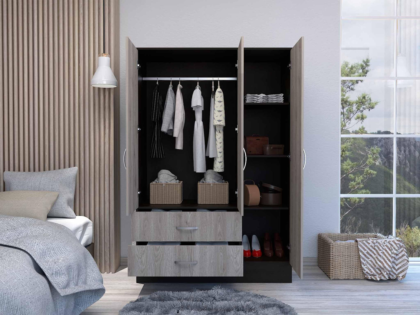 Light Oak and Black Three Door Wardrobe Closet with Mirror - FurniFindUSA