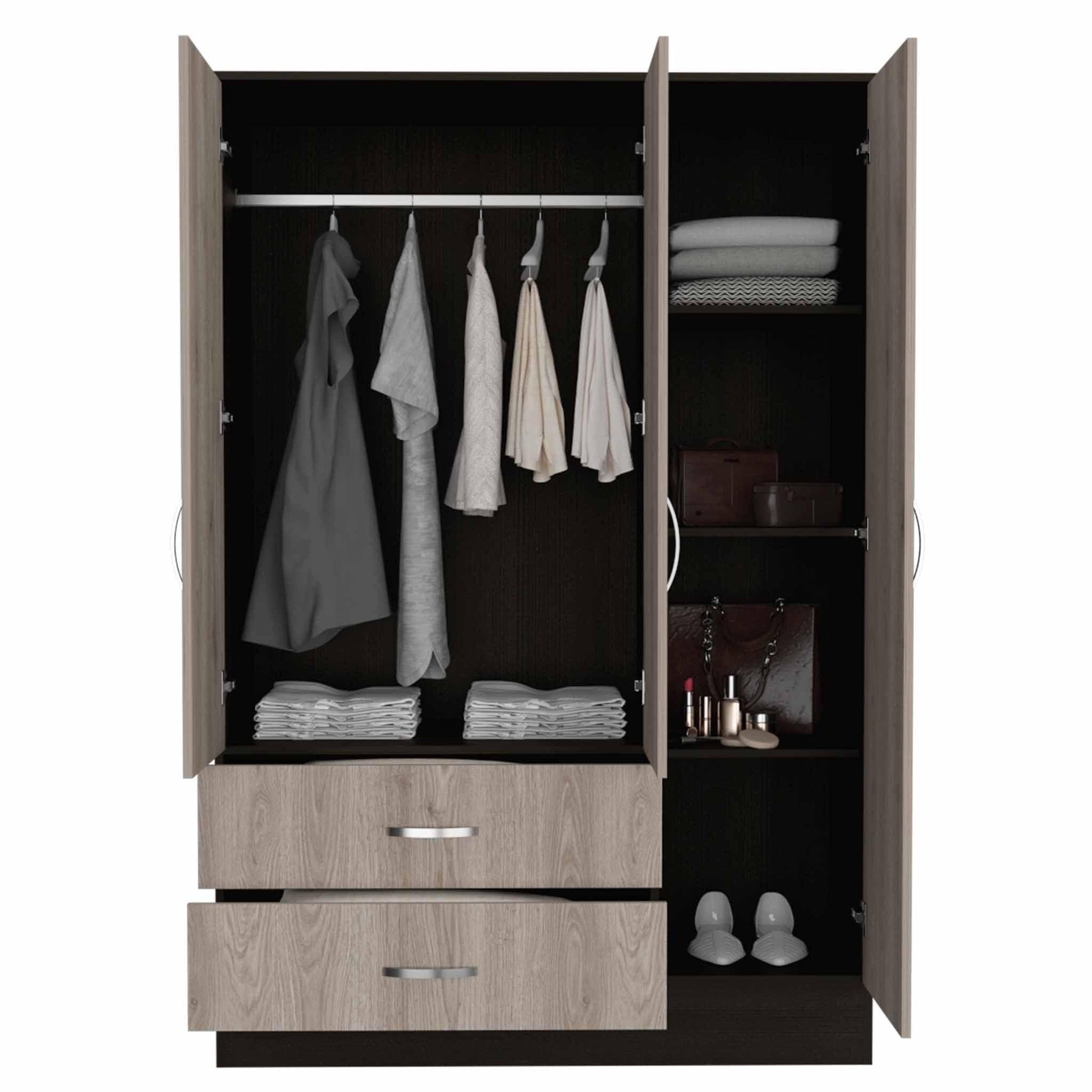 Light Oak and Black Three Door Wardrobe Closet with Mirror - FurniFindUSA