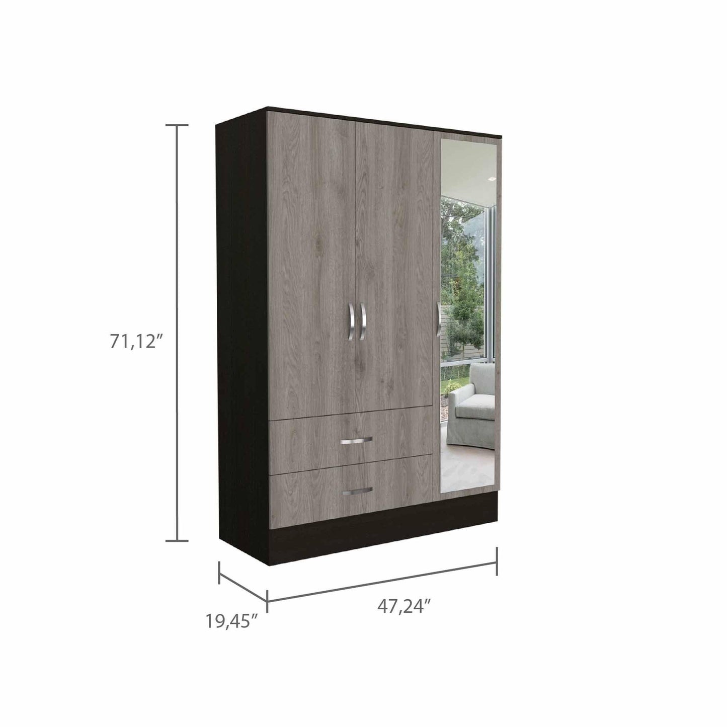 Light Oak and Black Three Door Wardrobe Closet with Mirror - FurniFindUSA