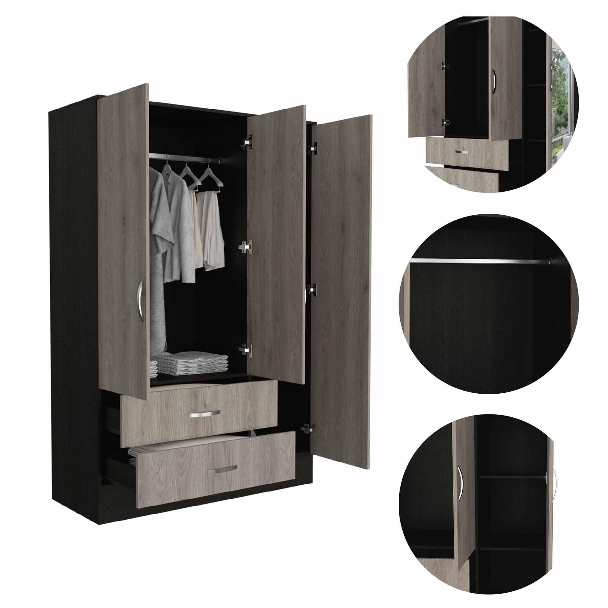 Light Oak and Black Three Door Wardrobe Closet with Mirror - FurniFindUSA