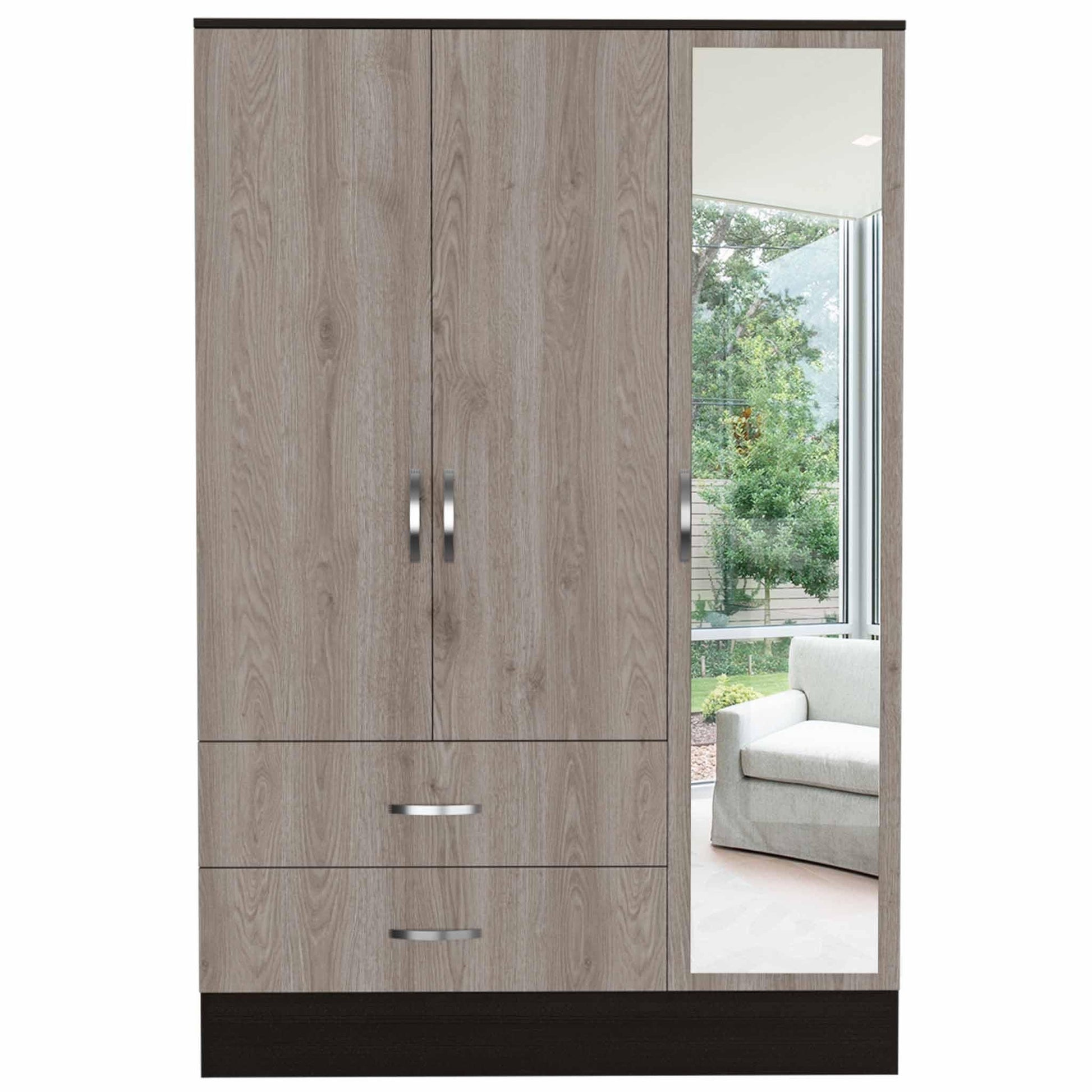 Light Oak and Black Three Door Wardrobe Closet with Mirror - FurniFindUSA