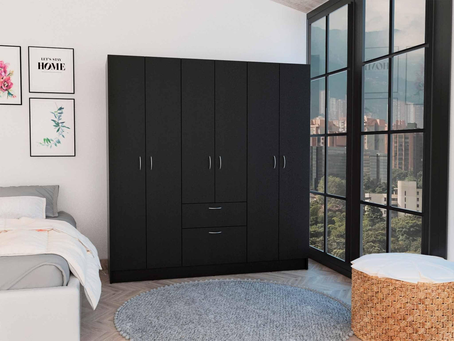 Black and White Tall Six Door Closet Wardrobe Center - FurniFindUSA