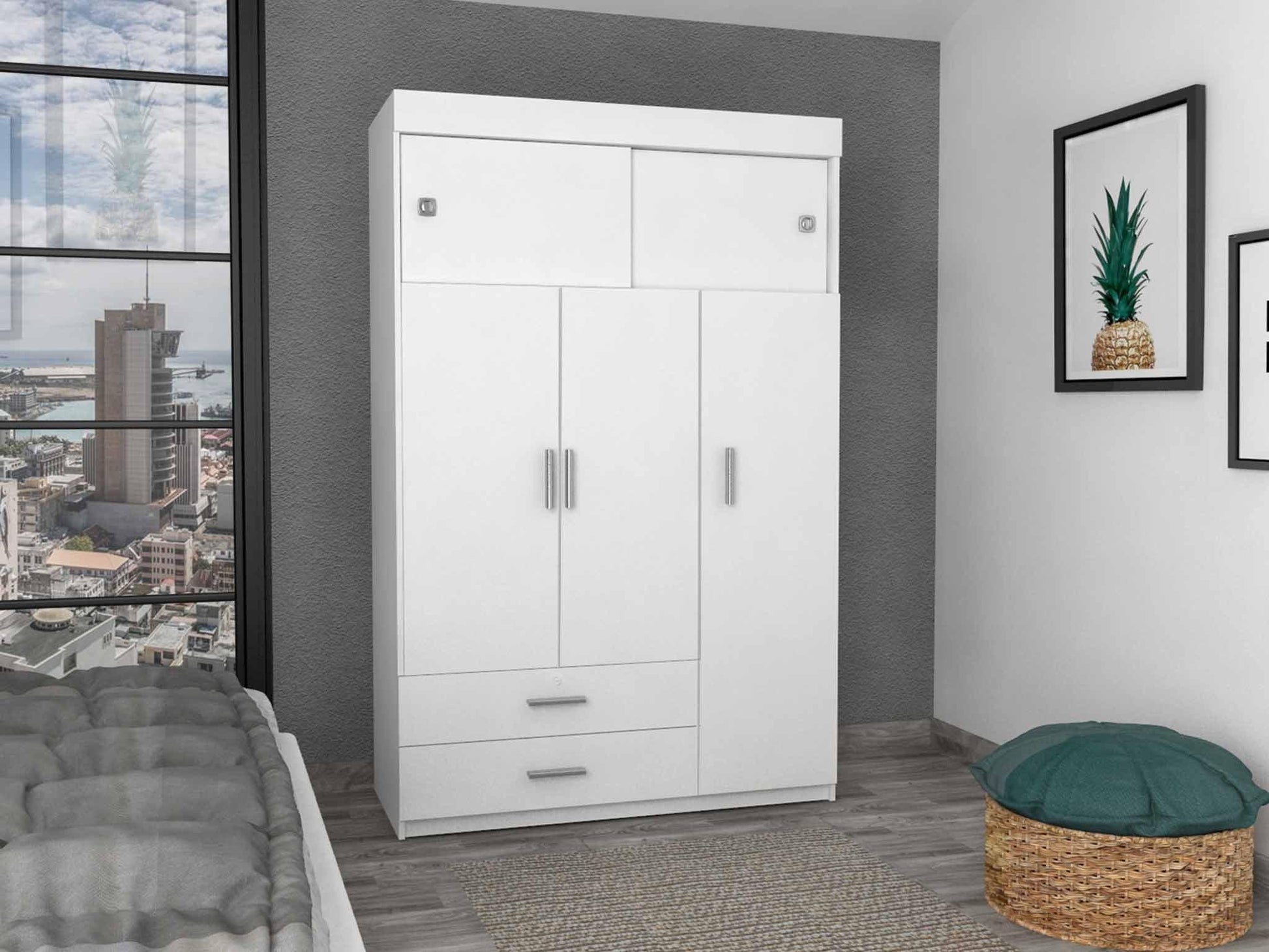 White Tall Three Door Closet with Sliding Doors - FurniFindUSA