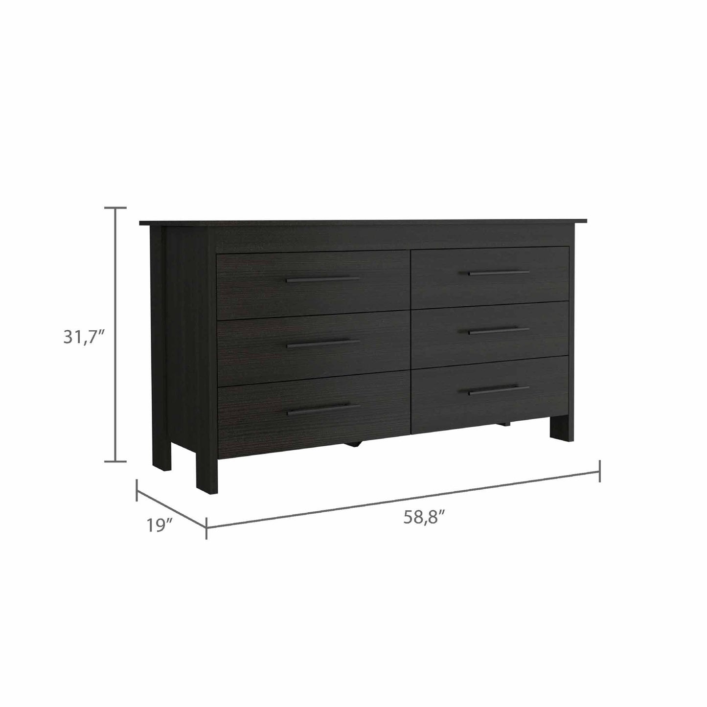 58" Black Six Drawer Double Dresser - FurniFindUSA