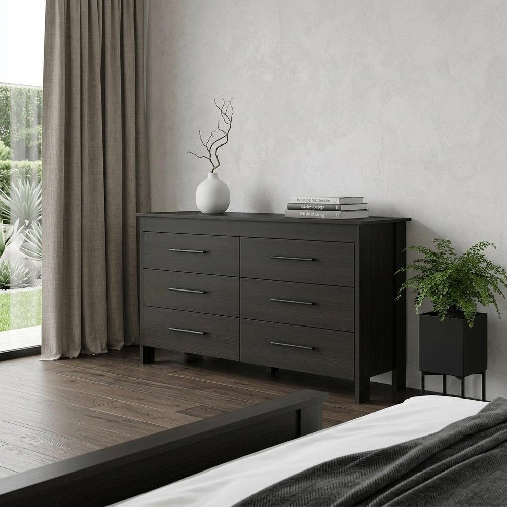 59" Black Wood Six Drawer Double Dresser HomeRoots