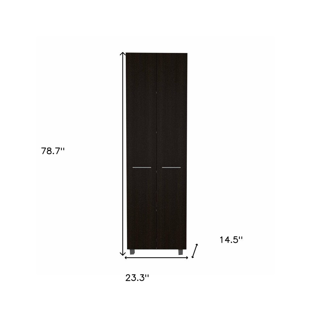 79" Modern Black Pantry Cabinet with Two Doors and Five Shelves HomeRoots