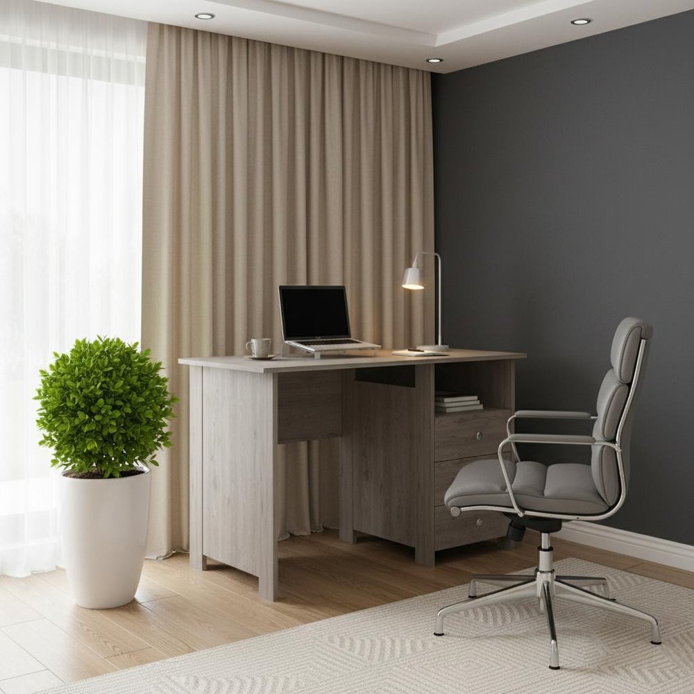 47" Light Gray and Brown Wood Computer Desk With Three Drawers