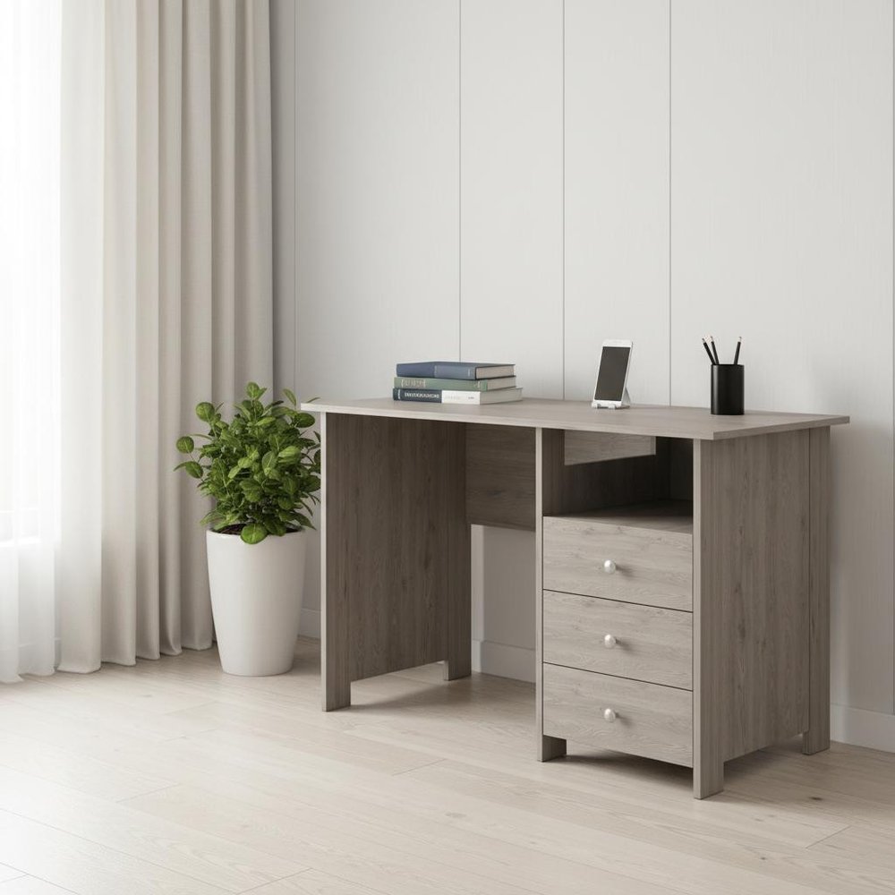 47" Light Gray and Brown Wood Computer Desk With Three Drawers — view 1