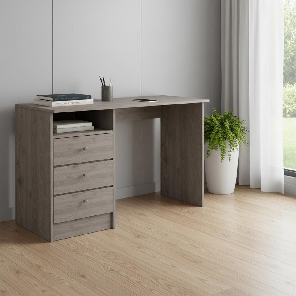 46" Light Gray and Brown Wood Computer Desk With Three Drawers — view 3