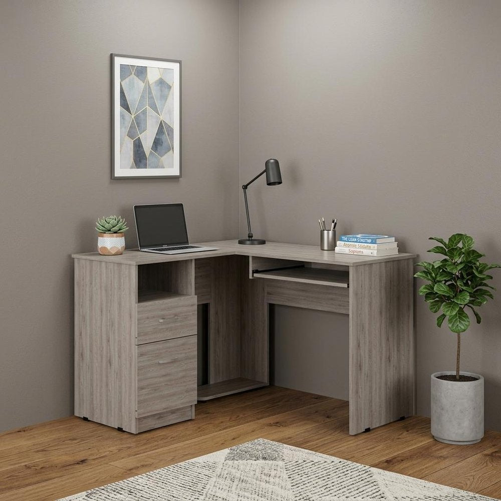 47" Light Gray L Shape Computer Desk With Two Drawers HomeRoots