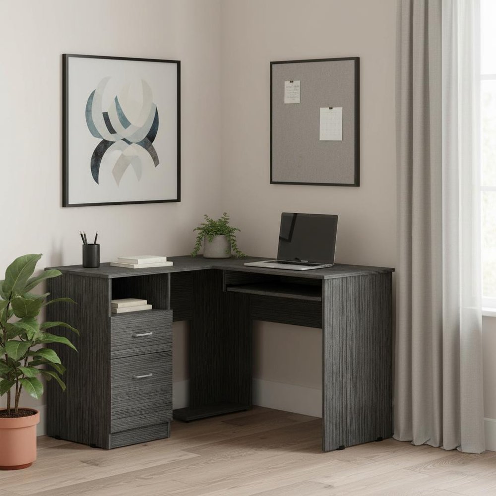 47" Gray L Shape Computer Desk With Two Drawers HomeRoots