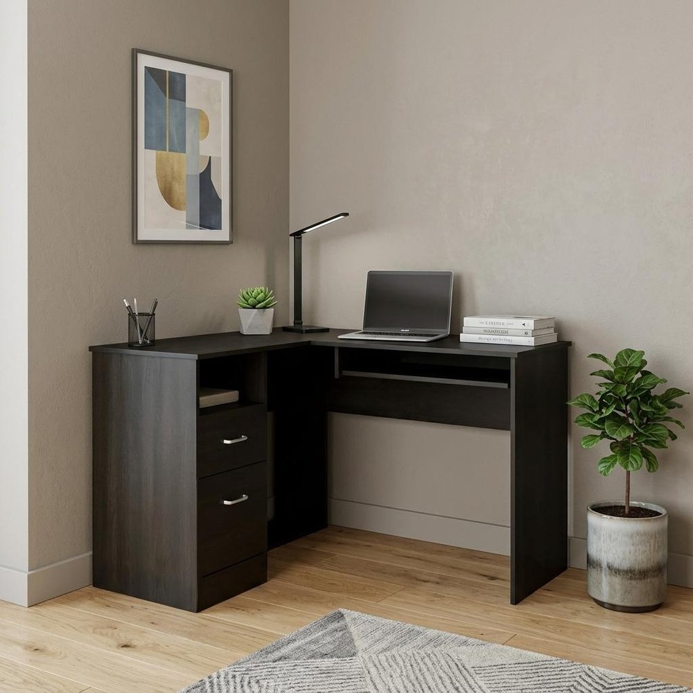 47" Black L Shape Computer Desk With Two Drawers HomeRoots