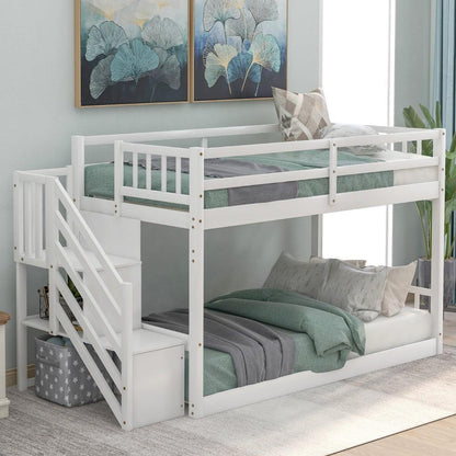 White Twin Over Twin Staircase Bunk Bed - FurniFindUSA