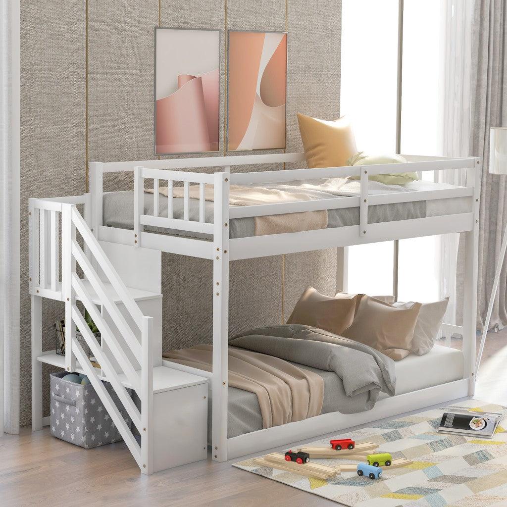 White Twin Over Twin Staircase Bunk Bed - FurniFindUSA