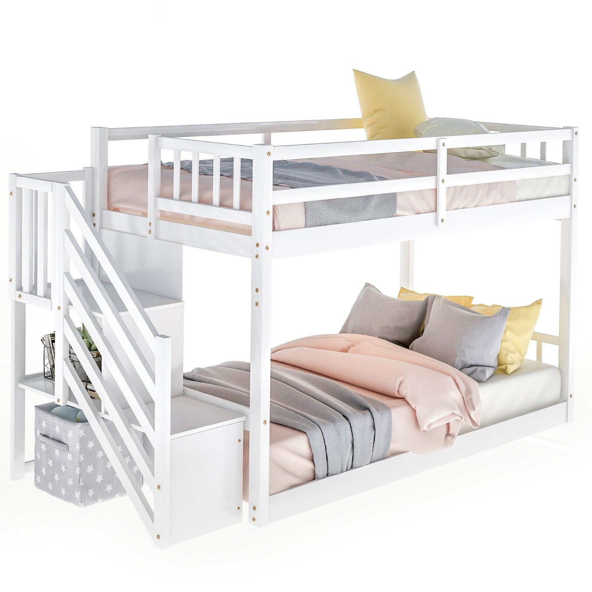 White Twin Over Twin Staircase Bunk Bed - FurniFindUSA