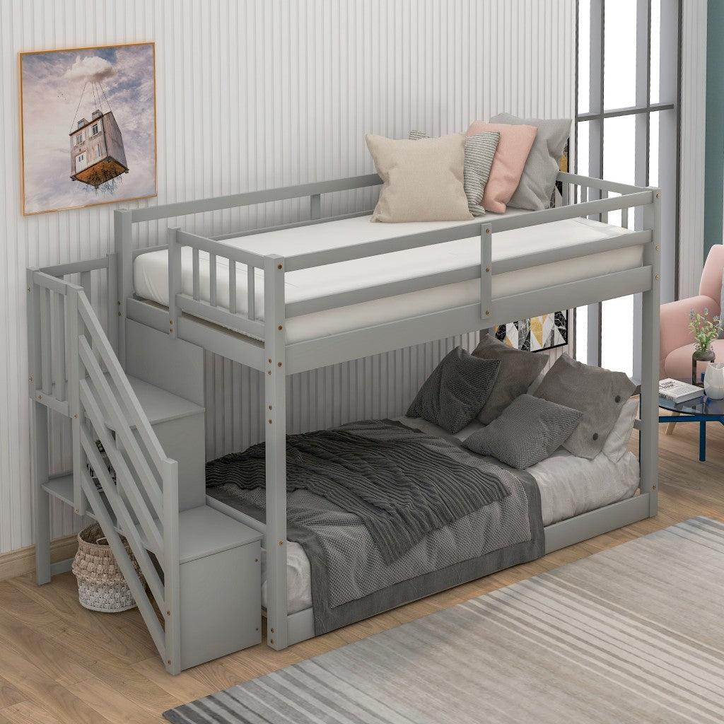 Gray Twin Over Twin Staircase Bunk Bed - FurniFindUSA