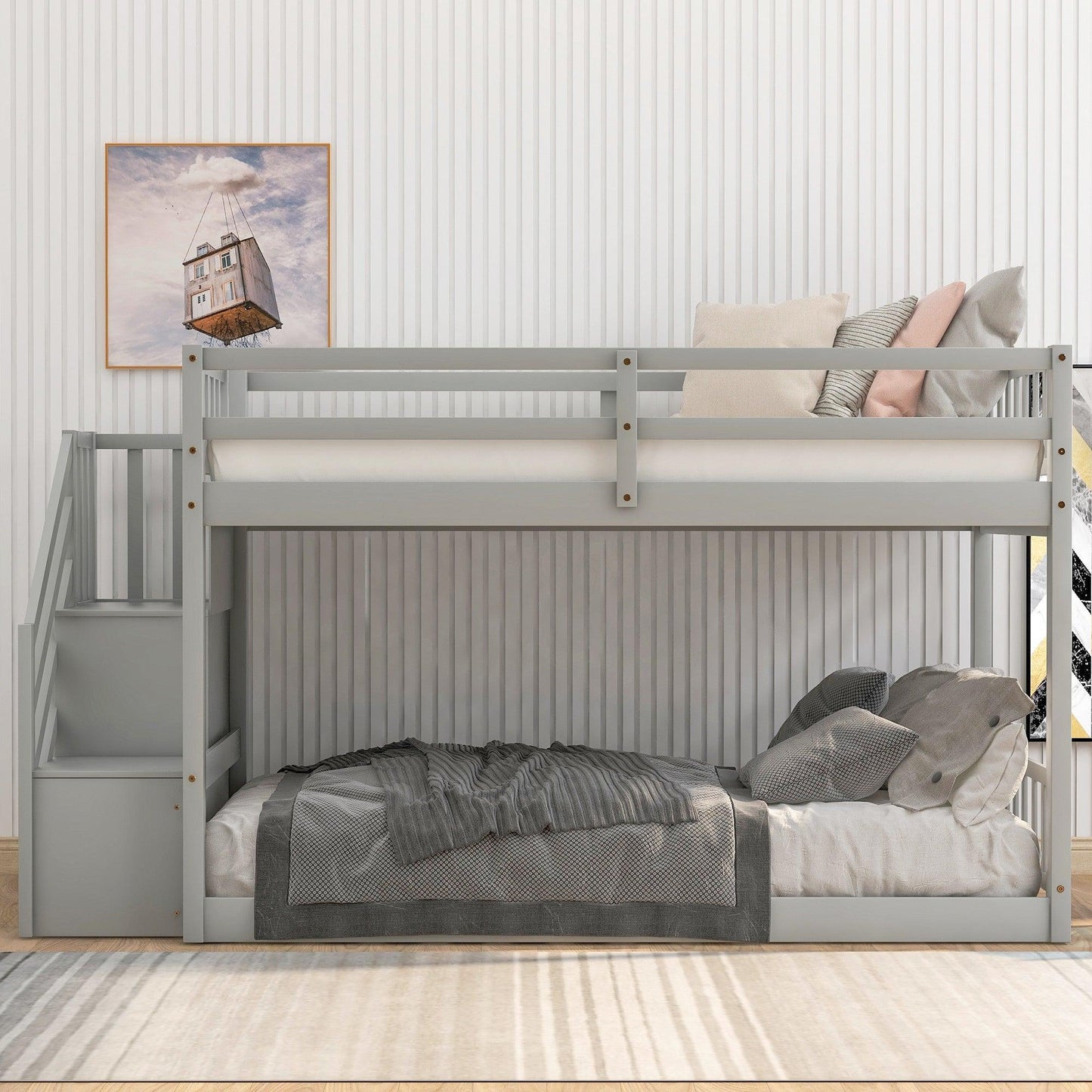 Gray Twin Over Twin Staircase Bunk Bed - FurniFindUSA