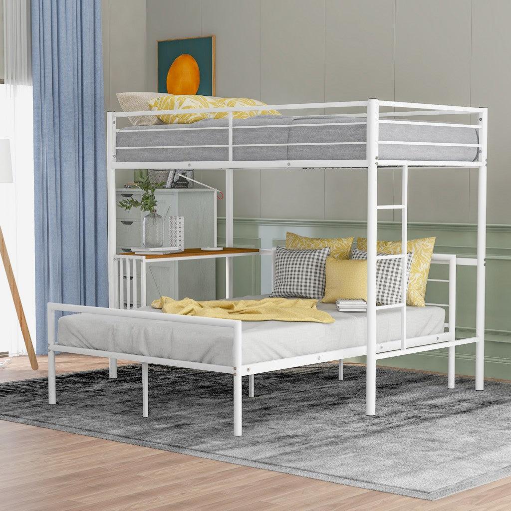 White Twin Over Full Size Metal Bunk Bed with Desk - FurniFindUSA