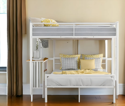 White Twin Over Full Size Metal Bunk Bed with Desk