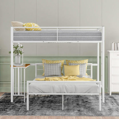 White Twin Over Full Size Metal Bunk Bed with Desk - FurniFindUSA