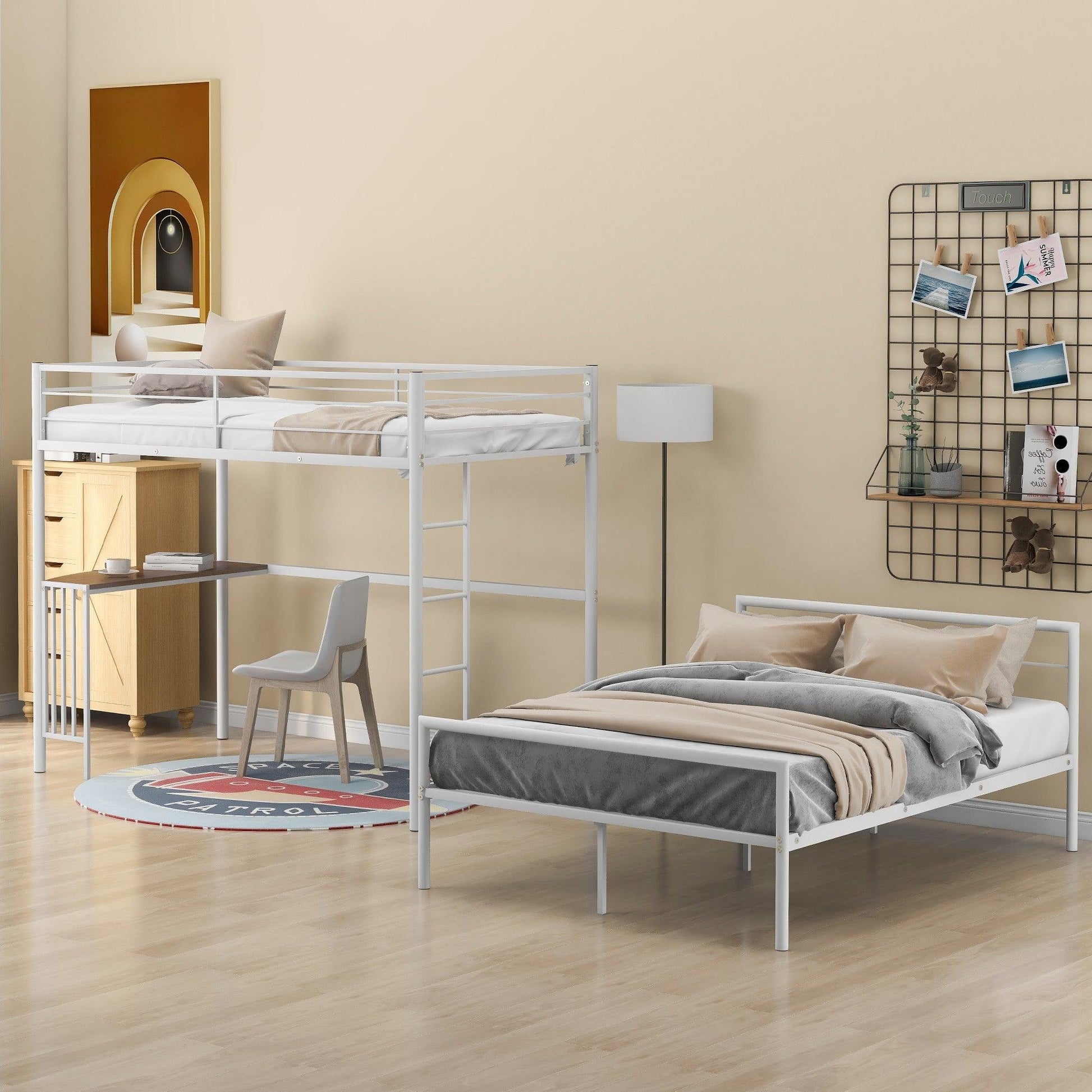 White Twin Over Full Size Metal Bunk Bed with Desk - FurniFindUSA