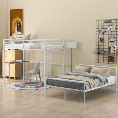 White Twin Over Full Size Metal Bunk Bed with Desk - FurniFindUSA