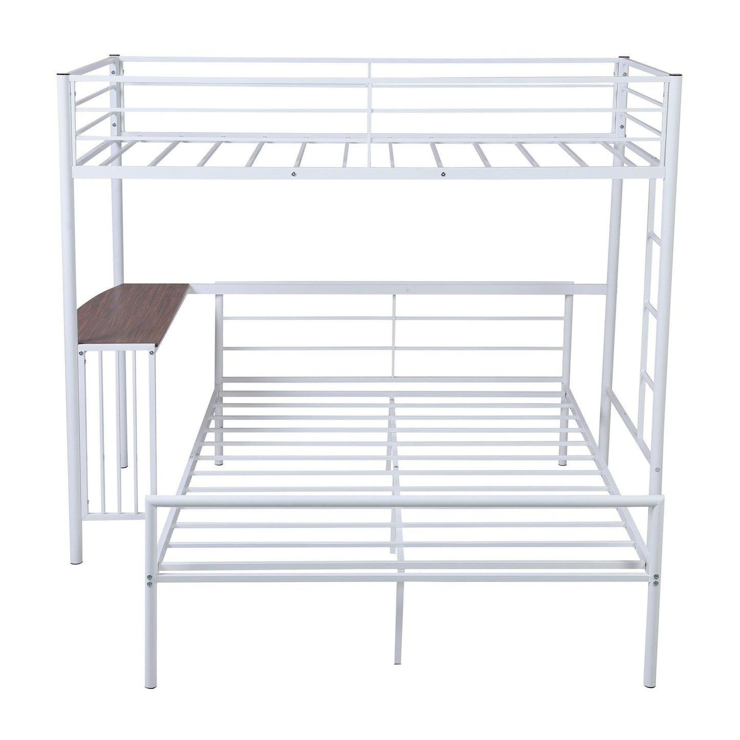 White Twin Over Full Size Metal Bunk Bed with Desk - FurniFindUSA