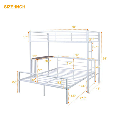 White Twin Over Full Size Metal Bunk Bed with Desk - FurniFindUSA