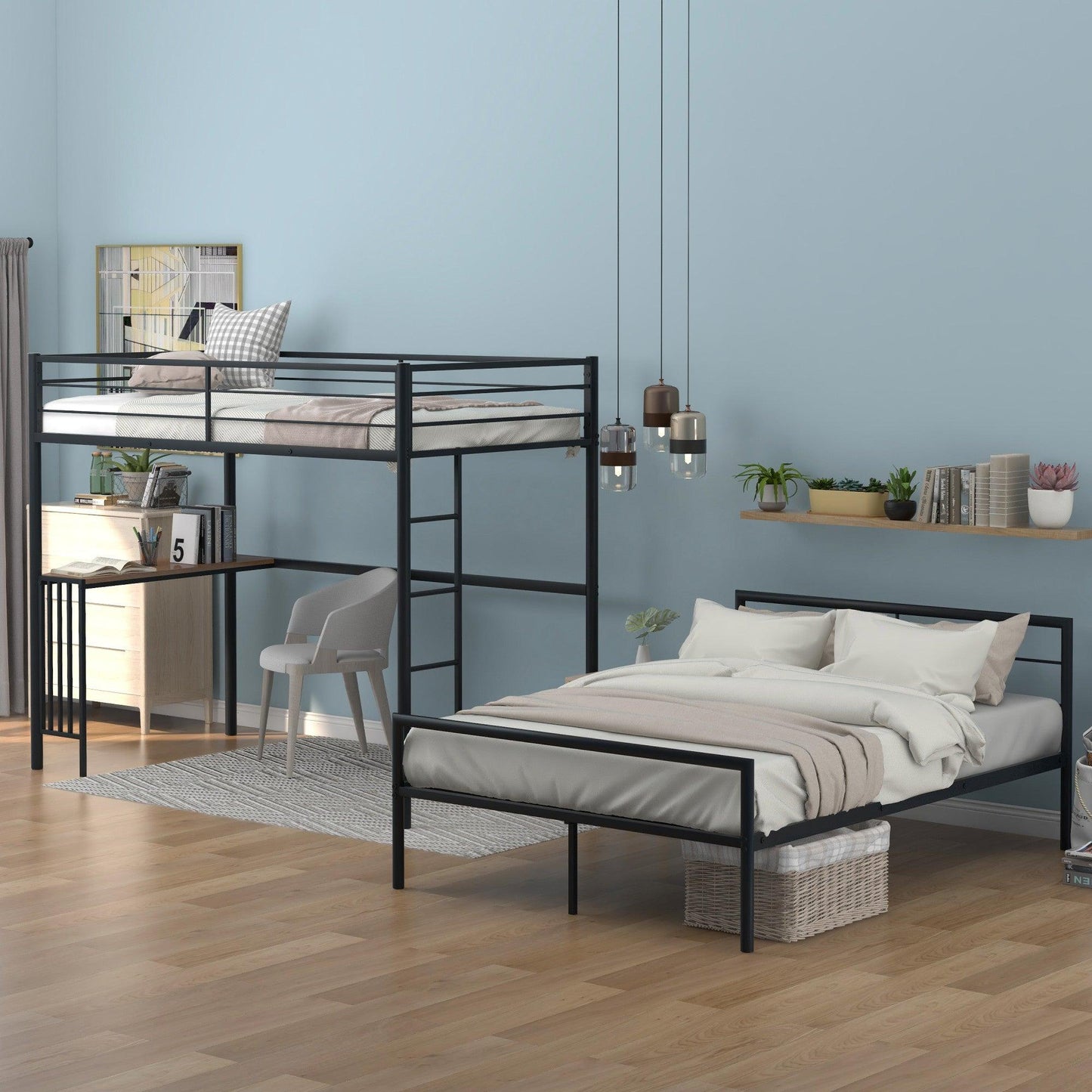 Black Twin Over Full Size Metal Bunk Bed with Desk - FurniFindUSA