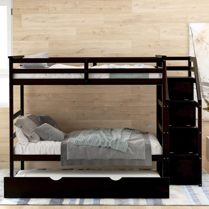 Brown Twin Over Twin Bunk Bed with Trundle - FurniFindUSA