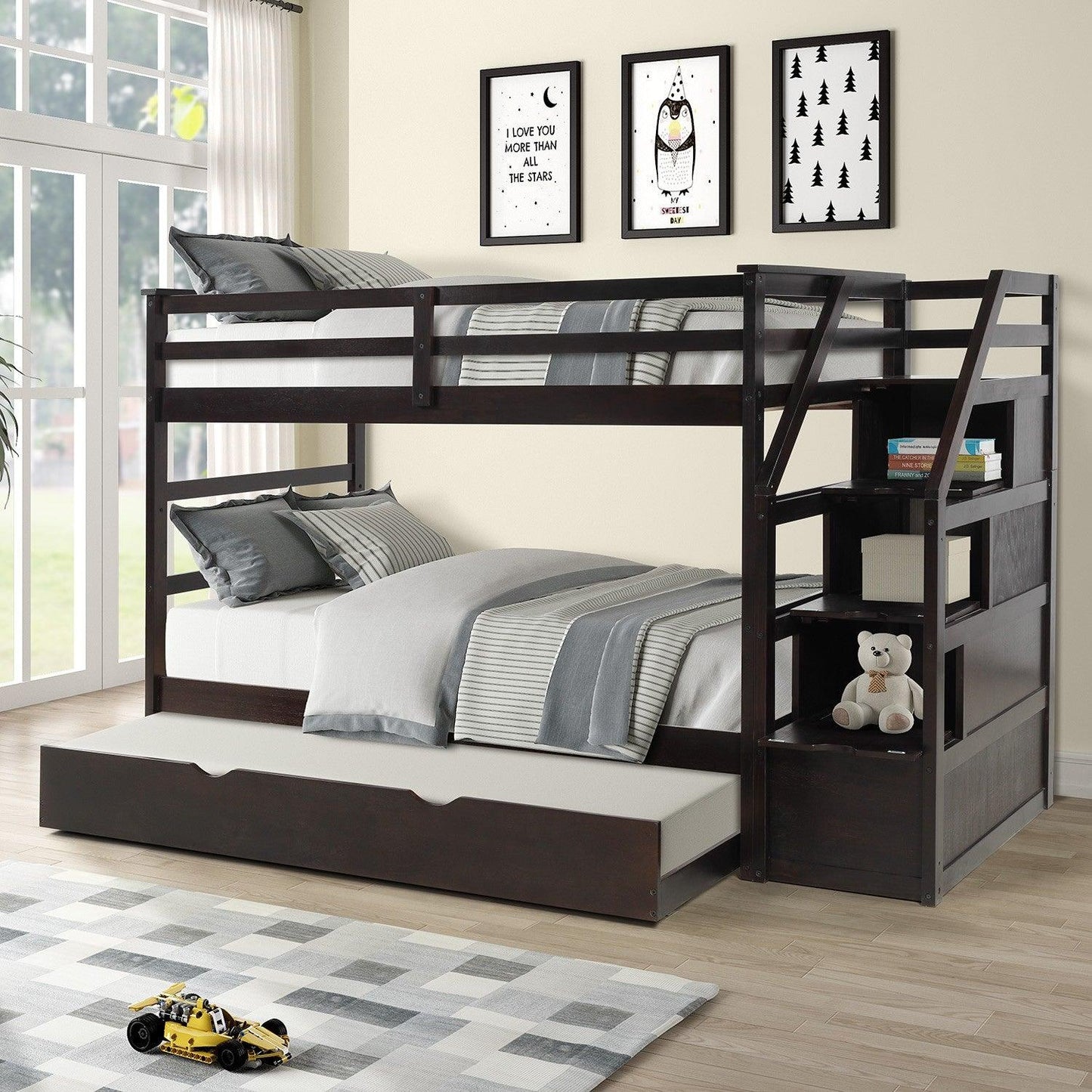 Brown Twin Over Twin Bunk Bed with Trundle - FurniFindUSA