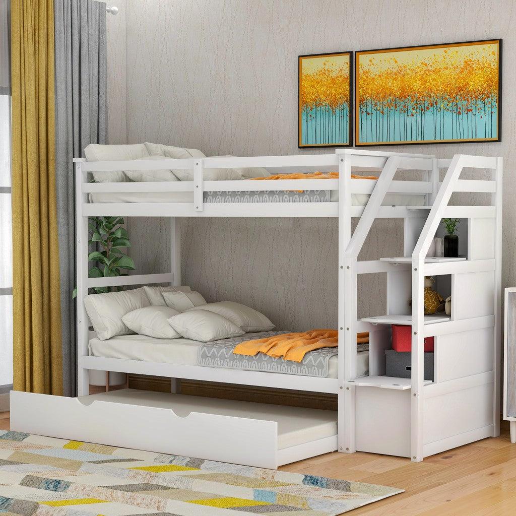 White Twin Over Twin Bunk Bed with Trundle - FurniFindUSA