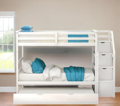 White Twin Over Twin Bunk Bed with Trundle