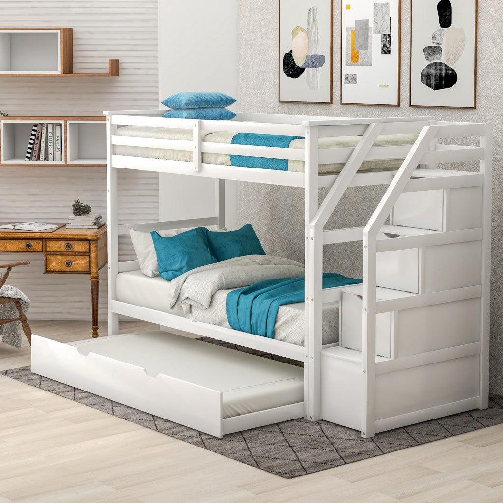 White Twin Over Twin Bunk Bed with Trundle - FurniFindUSA