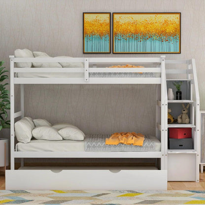 White Twin Over Twin Bunk Bed with Trundle - FurniFindUSA