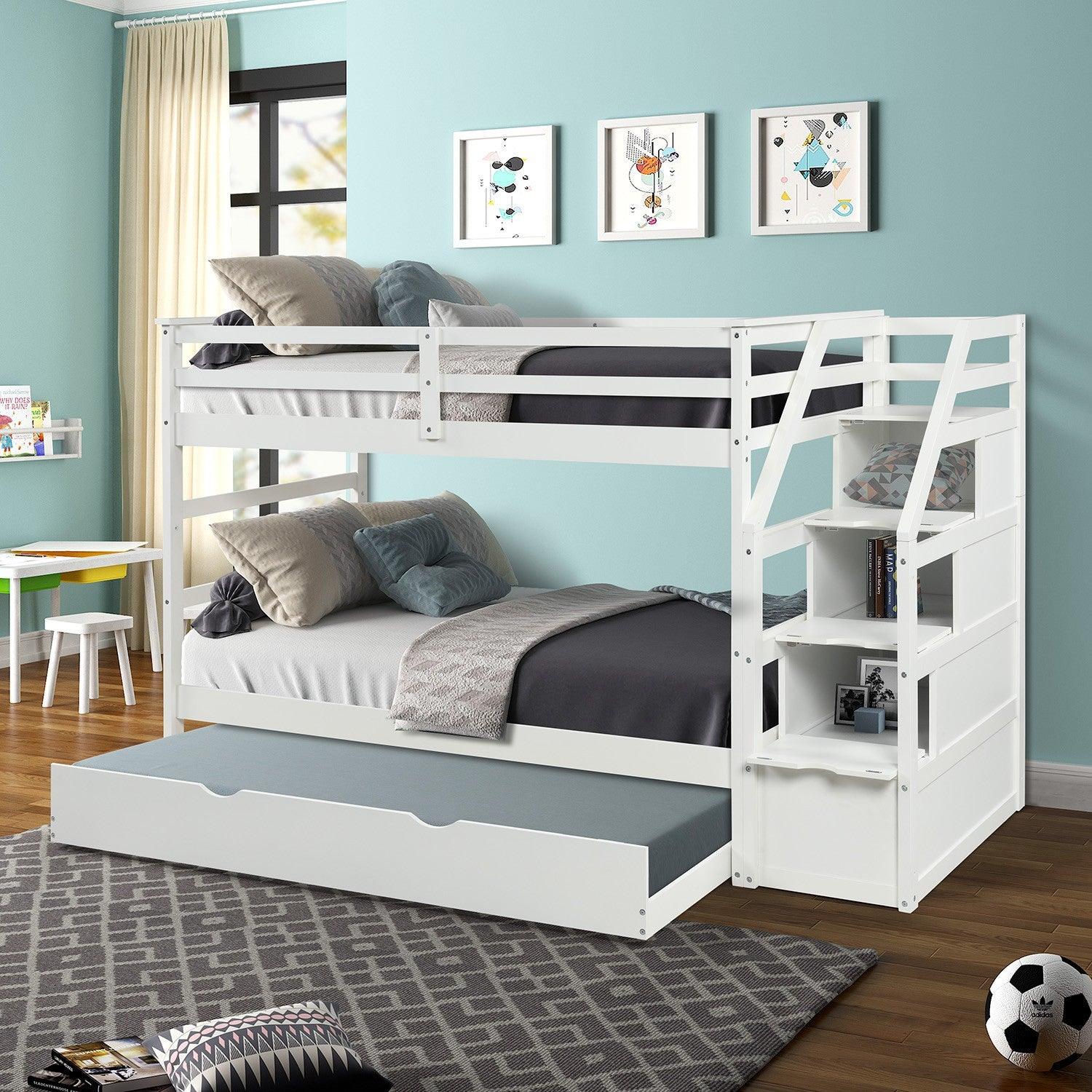 White Twin Over Twin Bunk Bed with Trundle - FurniFindUSA