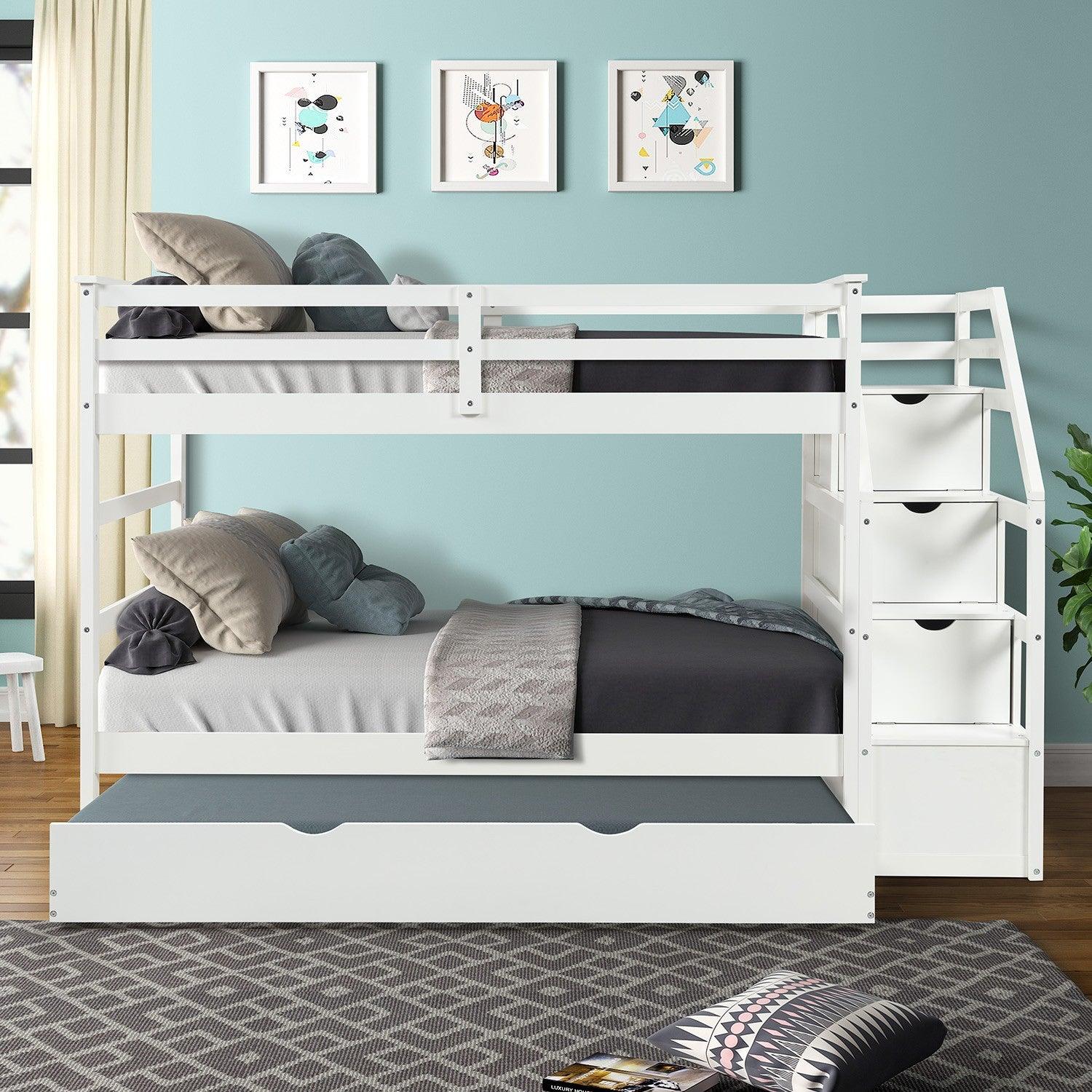 White Twin Over Twin Bunk Bed with Trundle - FurniFindUSA