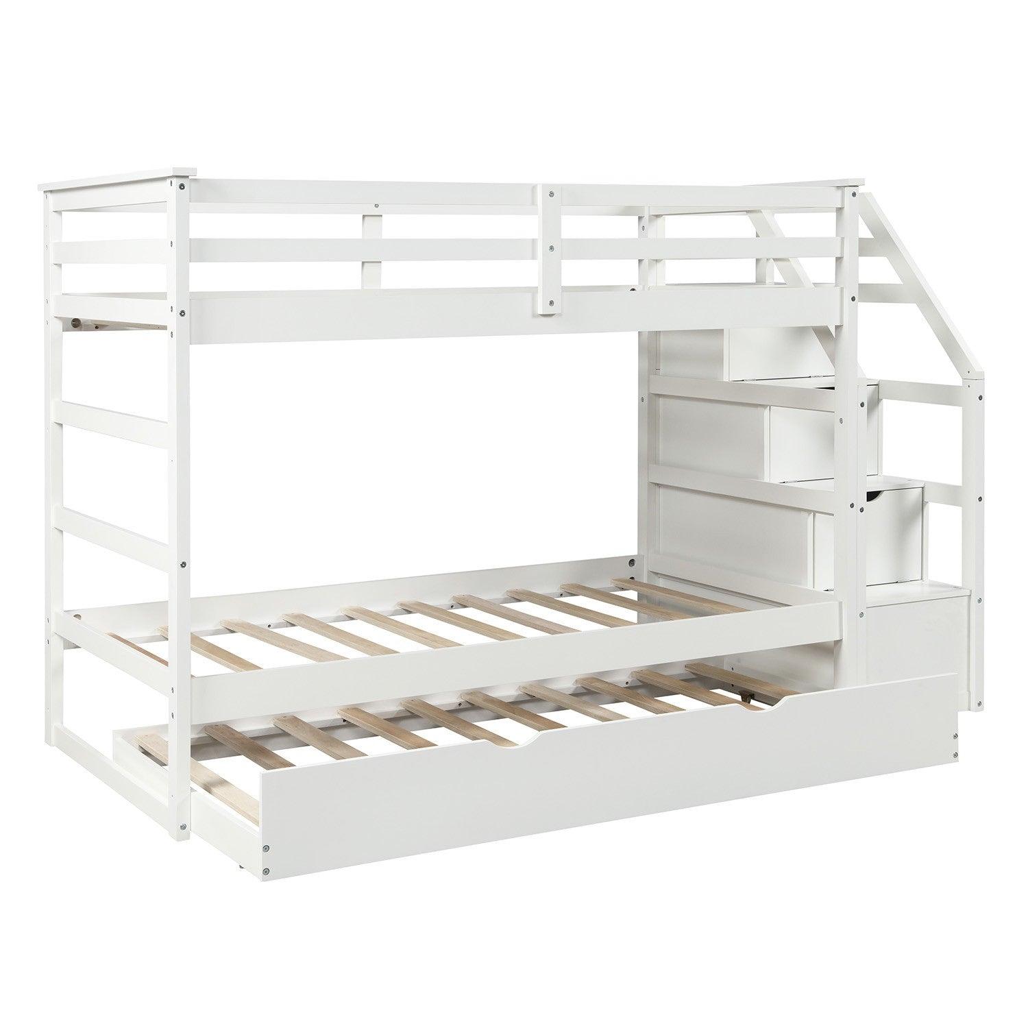 White Twin Over Twin Bunk Bed with Trundle - FurniFindUSA